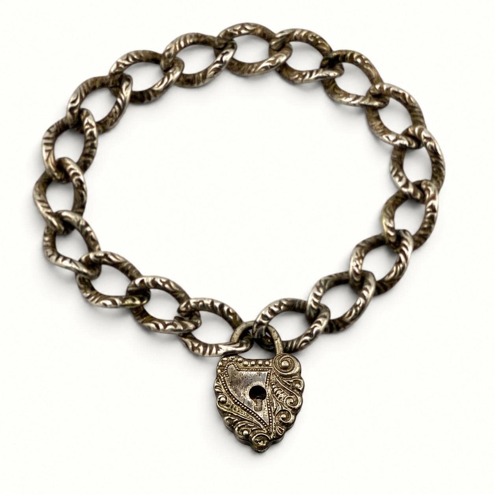 Antique Victorian Rolled Silver Plate Heart Padlock Charm Bracelet Repousse Link